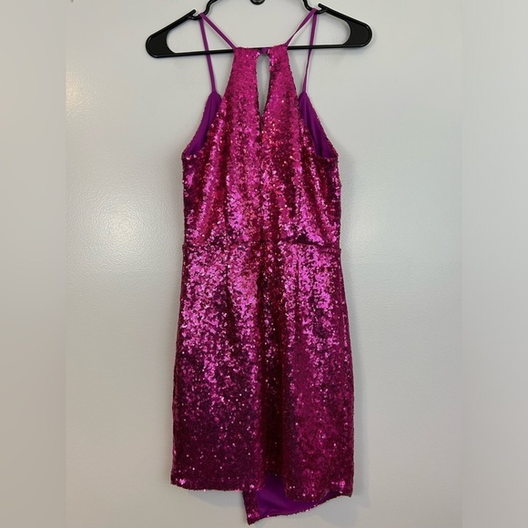 NWT Lulu's Hilaria Fuchsia Pink Sequin Halter Asymmetric Min Dress Size Small - Picture 10 of 12